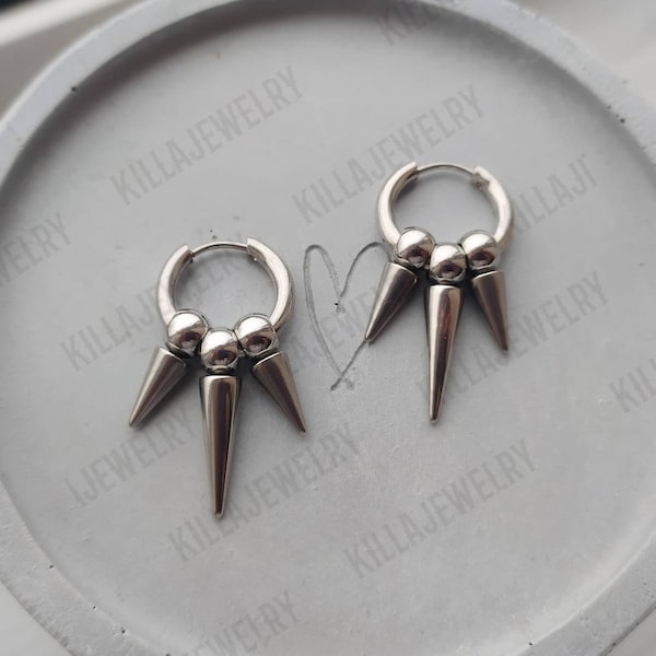 Sliver spike earrings, stainless steel Huggie hoop earrings, spike ear huggies, men's earring, women's earrings, punk earrings, punk jewelry