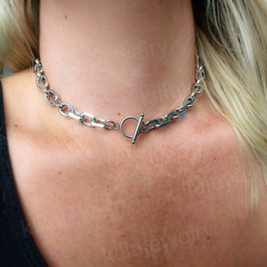 Chunky chain choker necklace, women&#39;s choker, thick silver chain necklace, toggle bar, t-bar, punk jewellery, punk necklace, stainless steel