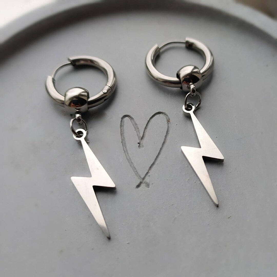 Stainless Steel Lightning Bolt Huggie Hoop Earrings - Silver