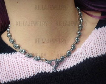 Skull necklace, skull choker necklace, womens necklace,  mens jewelry, punk jewelry,  goth necklace, silver skulls, skull toggle clasp, emo