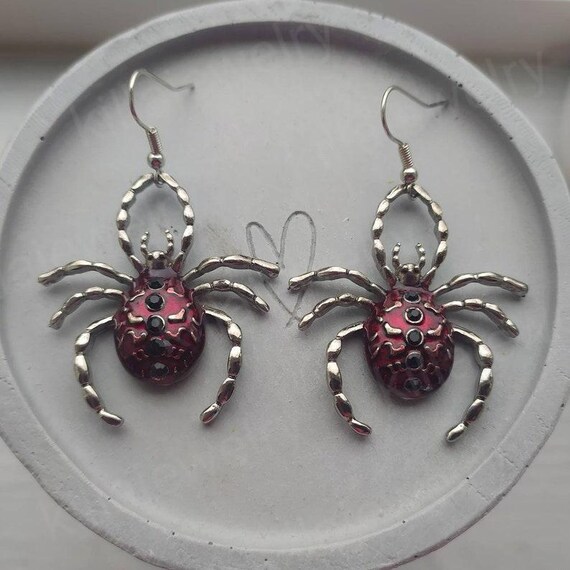 Gothic Spider Earrings, Red Spider Earrings, Halloween