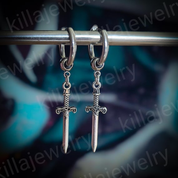 Dagger earrings, sword earrings, mens earring, huggie hoops, silver dagger, punk earrings,  goth jewelry,  gothic earrings, emo, alternative