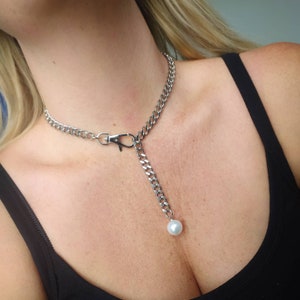 Chunky Stainless Steel Chain Pearl Necklace: Punk Grunge Jewelry
