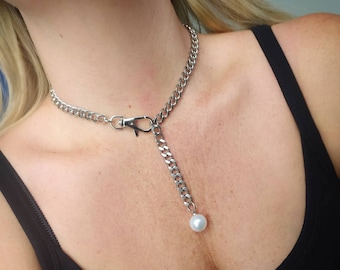 Chunky Stainless Steel Chain Pearl Necklace: Punk Grunge Jewelry