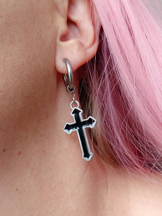 Gothic Cross Earrings Black Cross Earrings Huggie Hoops Gothic