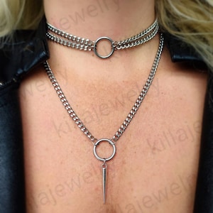 Multi strand o ring choker necklace in silver, multi layer necklace, silver circle necklace, spike necklace, spike choker, women&#39;s choker