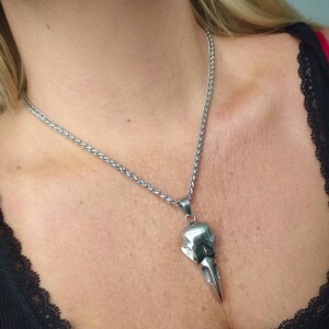 May include: A silver chain necklace with a detailed bird skull pendant. The pendant is a realistic depiction of a bird skull with a long beak.