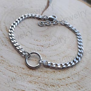 O ring bracelet, dainty chain bracelet, discreet o ring, sub gift, submissive jewelry, silver circle, women&#39;s bracelet, curb chain bracelet