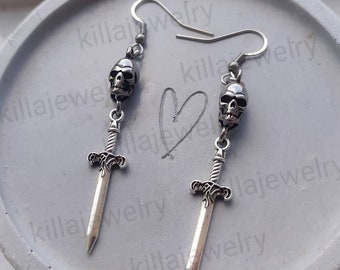 Orecchini Uomo Donna Gotici Pugnale In Argento 925: Gioielli A Forma Di Spada E Teschio, Regalo Originale Per Halloween - 3