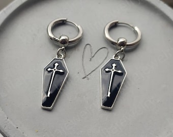 Black Coffin Earrings: Gothic Stainless Steel Huggie Hoops