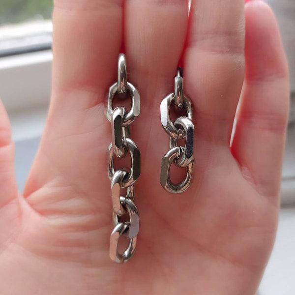 Asymmetrical chain link earrings, chain earrings, asymmetric earrings, silver chain earrings, Huggie hoops, punk jewellery, punk earrings
