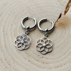 Seed of Life Huggie Hoop Earrings: Stainless Steel Sacred Geometry