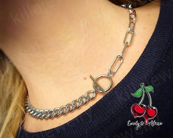 Chunky Stainless Steel Chain Choker: Paperclip & Curb Link T-Bar Necklace