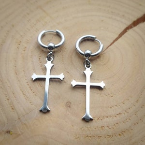 Gothic cross earrings, huggie hoops, punk earrings, gothic jewelry, mens earring, womens jewellery, gift ideas, emo, alternative, goth