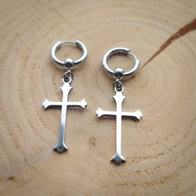 アクセサリー PREEK Cross Earrings Gothic Cross Huggie Hoop Earrings: Stainless Steel Punk