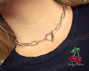 Stainless Steel Paperclip Chain Choker: Toggle Bar Necklace