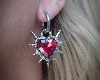 red spiked heart hoop earrings