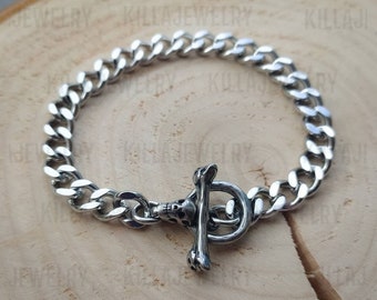 Skull bracelet, silver curb chain, skull toggle clasp, punk bracelet,  punk jewelry, mens jewelry,  women&#39;s bracelet, biker jewelry  gifts