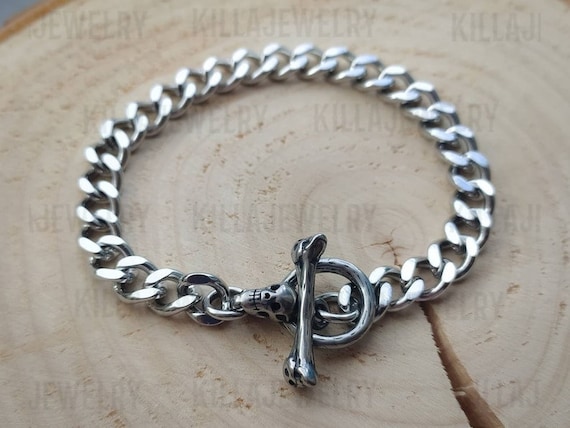 【送料無料】 Chain, Curb Silver Bracelet, Skull Skull Punk Clasp, Toggle アクセサリー