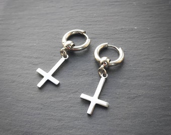 Inverted cross earrings, silver cross, huggie hoops, mens earring, womens jewellery, gothic jewelry, punk earrings, emo, alternative