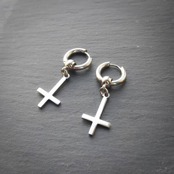 Inverted cross earrings, silver cross, huggie hoops, mens earring, womens jewellery, gothic jewelry, punk earrings, emo, alternative