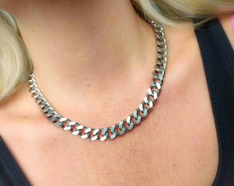 Collar de cadena gruesa de plata con eslabones cubanos de acero inoxidable