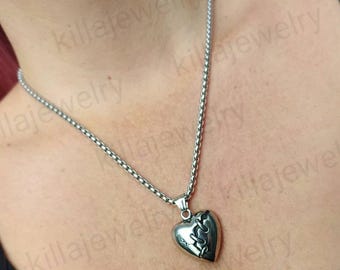 Broken Heart Pendant Necklace, Silver Heart Necklace, Gothic