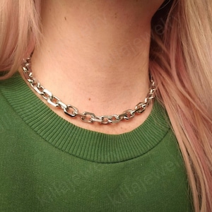 Puede incluir: Un collar de cadena plateado con un dise&ntilde;o de eslabones gruesos. El collar lo lleva una persona con el pelo rosa y una camisa verde.