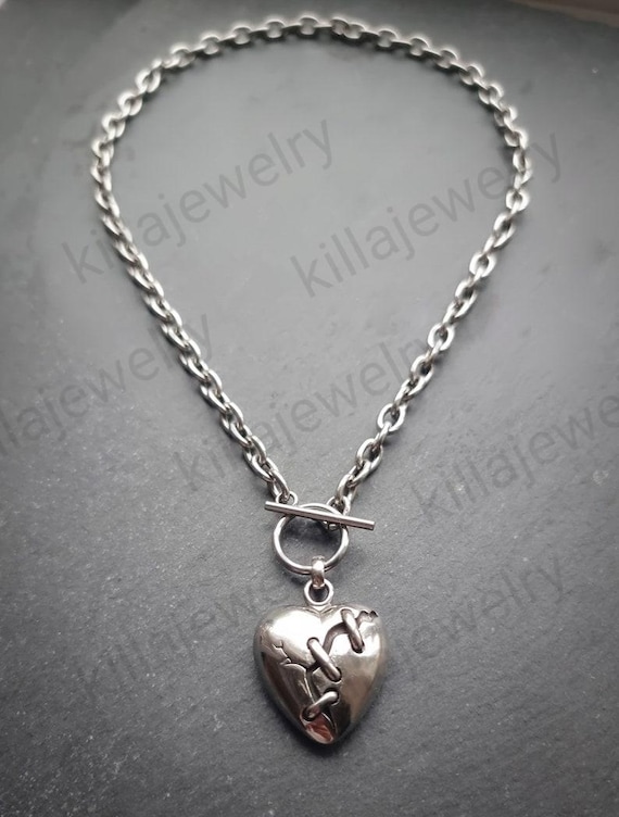 Broken/stitched Heart Pendant Necklace With T Bar Clasp - Etsy
