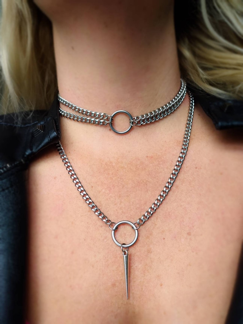 Multi strand o ring choker necklace in silver, multi layer necklace, silver circle necklace, spike necklace, spike choker, women's choker image 4