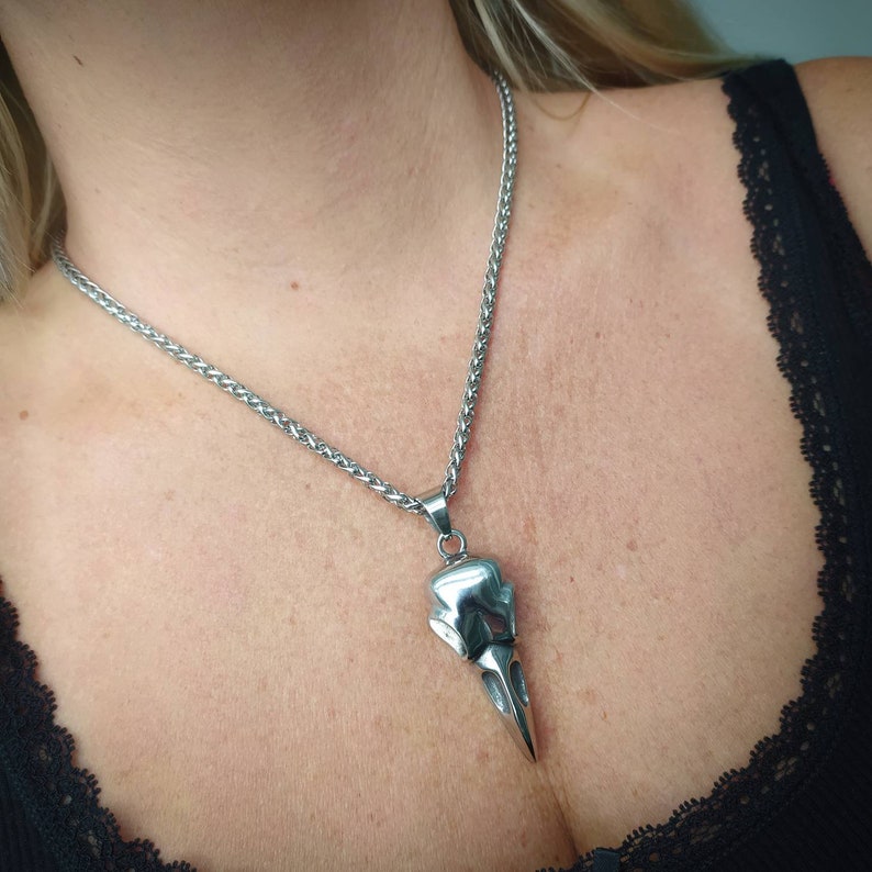 May include: A silver chain necklace with a silver bird skull pendant. The pendant is detailed and has a sharp beak.