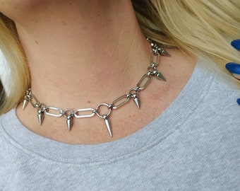 Spike chain choker necklace, spike necklace, silver spikes, punk jewellery, mens jewelry, women's necklace, goth jewelry,goth necklace