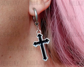 Gothic cross earrings, black cross earrings, huggie hoops, gothic earrings, goth jewelry, punk jewelry,  mens earring,  mens jewelry