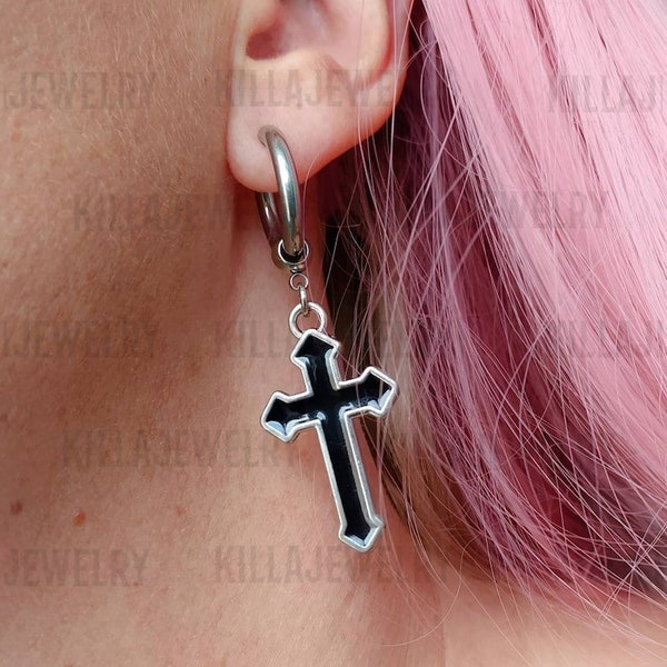 Gothic cross earrings, black cross earrings, huggie hoops, gothic earrings, goth jewelry, punk jewelry,  mens earring,  mens jewelry