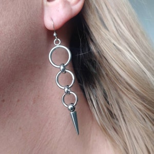 Spike earrings, silver circle earrings, silver spikes, o ring earrings, goth jewelry, asymmetric earrings, women&#39;s earrings, mismatched