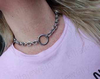 Dikke roestvrijstalen o-ringchoker: punk-grunge kraag