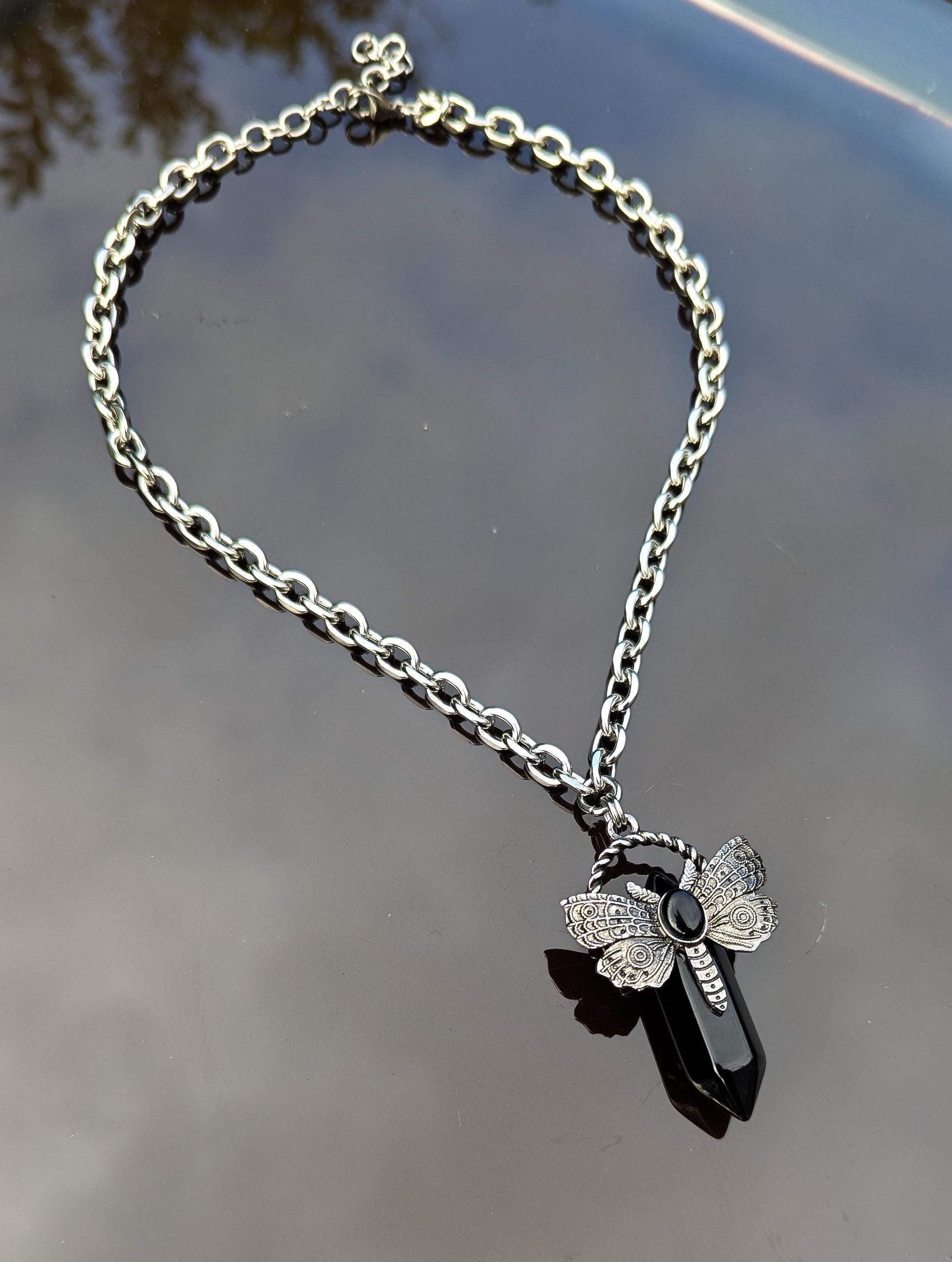 Natural Obsidian Crystal Point Pendant Necklace - Etsy
