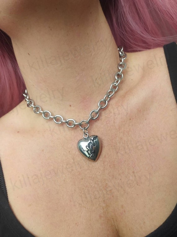 Broken Heart Pendant Necklace, Silver Heart Necklace, Chunky