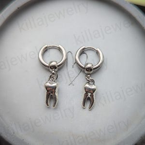 Tooth earring, teeth earrings, human teeth, huggie hoops, mens earring, womens jewelry, goth jewelry, emo, alternative, punk earrings,