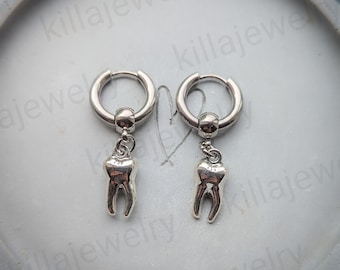 Gothic Tooth Huggie Hoop Earrings, Punk Jewelry