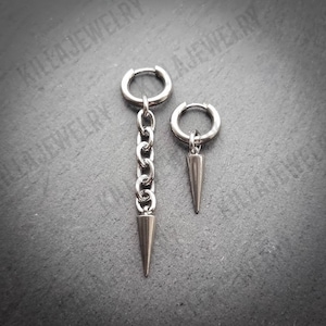 Asymmetrical mismatched chain and spike huggie hoop earrings in silver