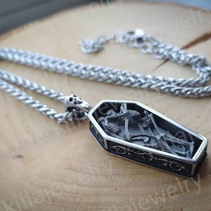Stainless Steel Coffin Skeleton Pendant - Goth Punk Necklace