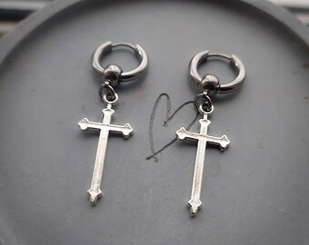 Silver gothic cross hughie hoop earrings,  cross earrings, mens earring, womens earrings,  punk jewellery, goth earrings, emo, alternative