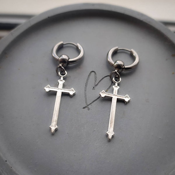 Silver gothic cross hughie hoop earrings,  cross earrings, mens earring, womens earrings,  punk jewellery, goth earrings, emo, alternative