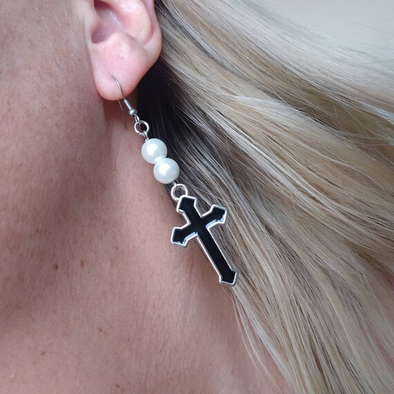 Gothic Pearls and Cross Earrings Punk Earrings Black Cross Faux