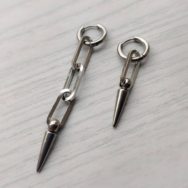 Asymmetric spike earrings, asymmetrical chain link earrings, silver spike earrings, punk earrings, punk jewelry, paperclip chain earrings