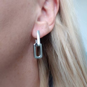 Chunky silver earrings, chunky silver chain link earrings, geometric earrings, rectangular hoop earrings, women's earrings, paperclip chain image 1