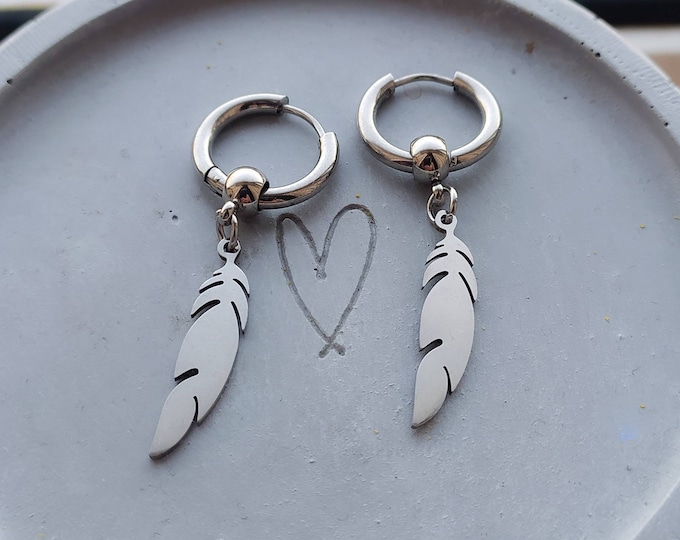 Feather earrings, mens earring, womens earrings, huggie hoops, silver ear huggies, punk earrings, punk jewellery, mens jewelry, gift ideas