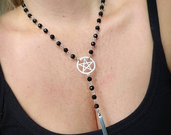 Gothic rosary necklace, inverted cross necklace, pentagram, occult, satanic, goth jewelry, black rosary, alternative, punk jewelry, gifts