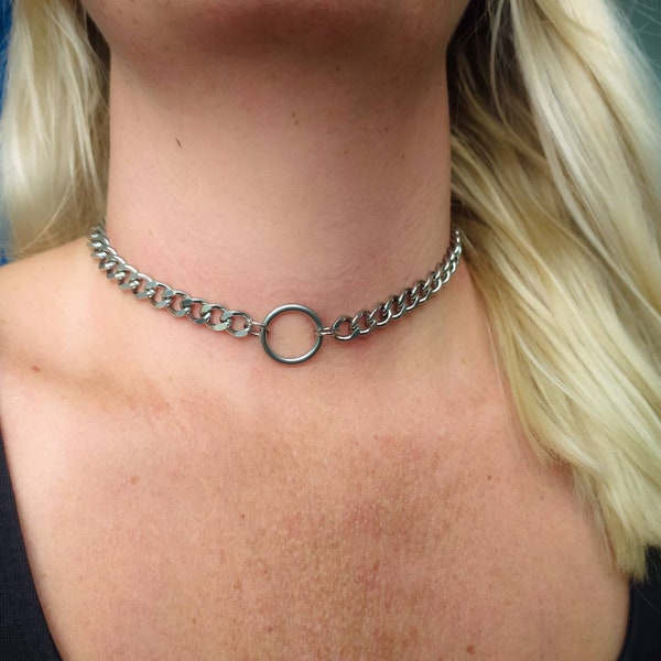 Chunky chain choker, O ring choker necklace, stainless steel, silver circle choker, curb chain, women's chokers, women's chain necklace